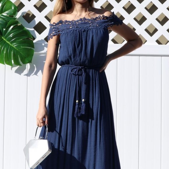 NAVY OFF THE SHOULDER MAXI - Picture 1 of 3